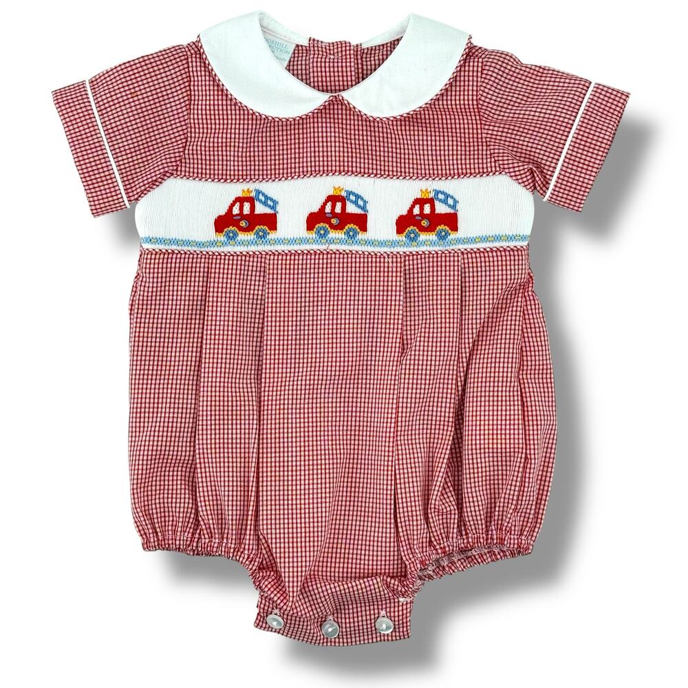 Edgehill Collection Gingham Firetruck Smocked Bubble Romper Baby Boys Sz Newborn